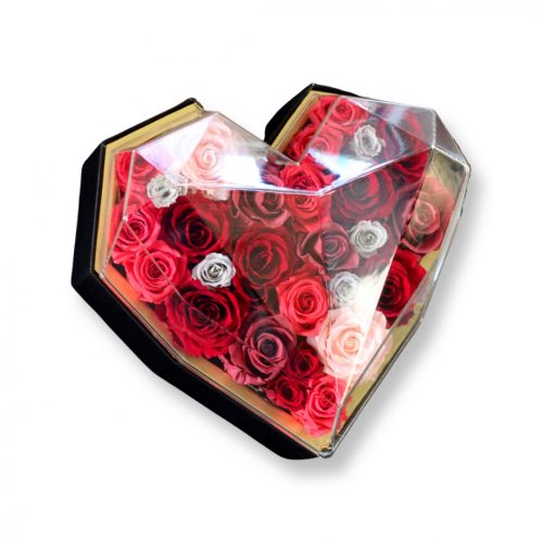 Akryl SZÍV dobozos 26-29 szálas Örök Rózsa box / Forever rose box VALENTIN edition