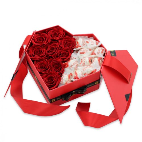 15 szálas örök rózsa kinyitható meglepetés box desszerttel - vörös